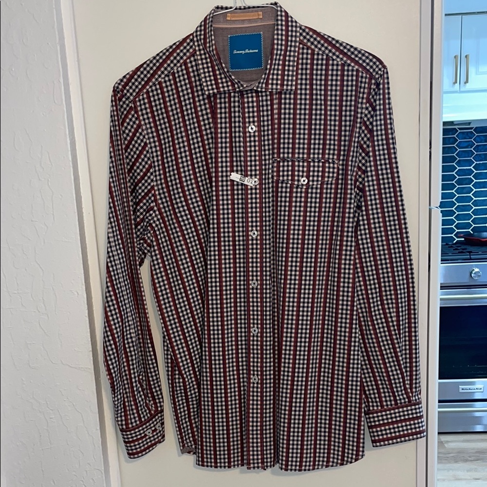 Tommy Bahama Men's Red Checkered Shirt with Reverse Flip Cuff | L